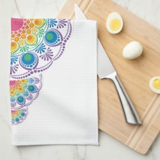 Rainbow Floral Fountain Ornamental Dot Mandala Kitchen Towel
