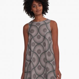 A-Line Dress, Royal Circle Vintage Glamour Dot Mandala Art Deco Fans designed and sold by Triplicate Limited