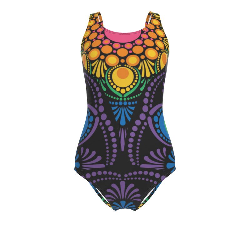 Swimsuit Maximalist Rainbow Floral Fountain Mandala on Black Art Deco