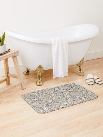 Bath Mat, Warm Neutrals Espresso Martini Dot Mandala Art Deco Fans designed and sold by Triplicate Limited