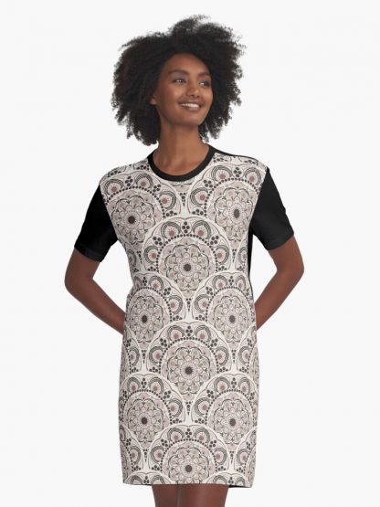 Graphic T-Shirt Dress, Warm Neutrals Espresso Martini Dot Mandala Art Deco Scallop designed and sold by Triplicate Limited