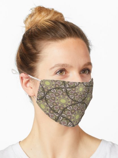 Mask, Warm Neutrals Pistachio Biscotti Dot Mandala Art Deco Fans designed and sold by Triplicate Limited