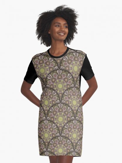 Graphic T-Shirt Dress, Warm Neutrals Pistachio Biscotti Dot Mandala Art Deco Scallop designed and sold by Triplicate Limited