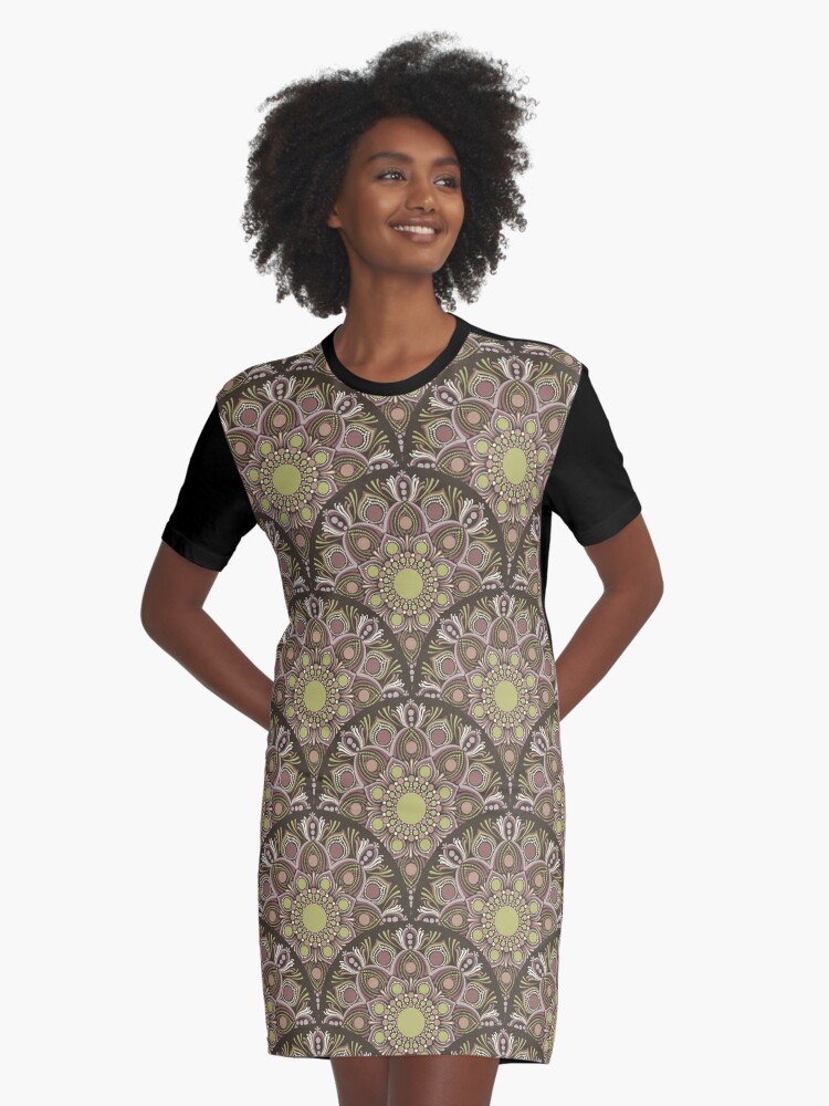 Graphic T-Shirt Dress, Warm Neutrals Pistachio Biscotti Dot Mandala Art Deco Scallop designed and sold by Triplicate Limited
