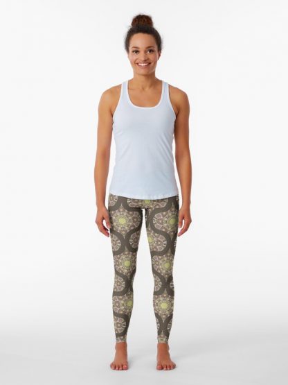 Leggings, Warm Neutrals Pistachio Biscotti Dot Mandala Retro Ogee designed and sold by Triplicate Limited
