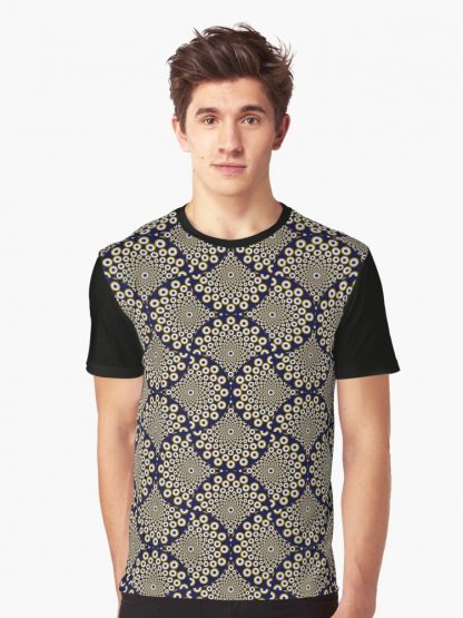 Graphic T-Shirt, We Are Watching You Navy And Gold Art Deco Fans designed and sold by Triplicate Limited