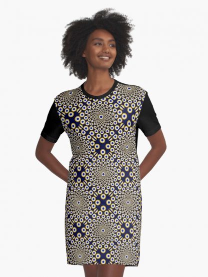 Graphic T-Shirt Dress, We Are Watching You Navy And Gold Diamond Tile designed and sold by Triplicate Limited