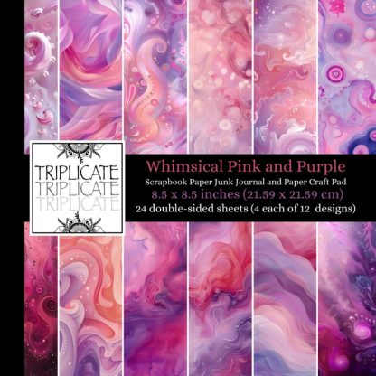 Whimsical Pink and Purple Scrapbook Paper Junk Journal and Paper Craft Pad: 24 double-sided matte pages of 8.5 x 8.5 inch 60lb (90gsm) decorative ... 12 background designs (4 of each design)