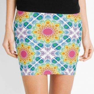 Mini Skirt, White Maximalist Rainbow Floral Fountain Diamond Tile designed and sold by Triplicate Limited