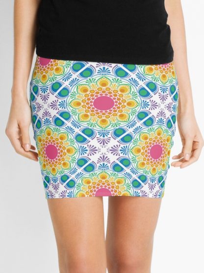 Mini Skirt, White Maximalist Rainbow Floral Fountain Diamond Tile designed and sold by Triplicate Limited