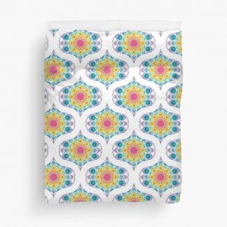 Duvet Cover, White Maximalist Rainbow Floral Fountain Mid Mod Ogee designed and sold by Triplicate Limited