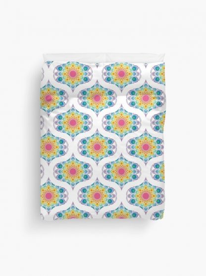 Duvet Cover, White Maximalist Rainbow Floral Fountain Mid Mod Ogee designed and sold by Triplicate Limited