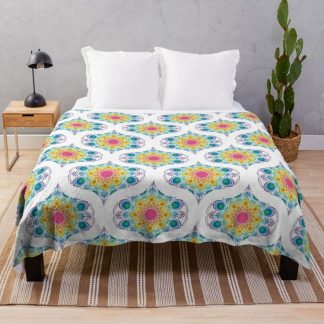 Throw Blanket, White Maximalist Rainbow Floral Fountain Mid Mod Ogee designed and sold by Triplicate Limited