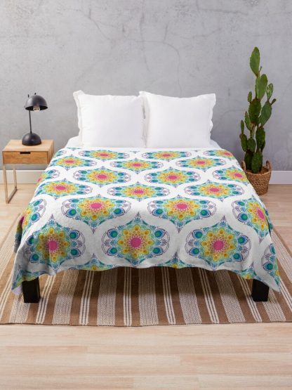 Throw Blanket, White Maximalist Rainbow Floral Fountain Mid Mod Ogee designed and sold by Triplicate Limited