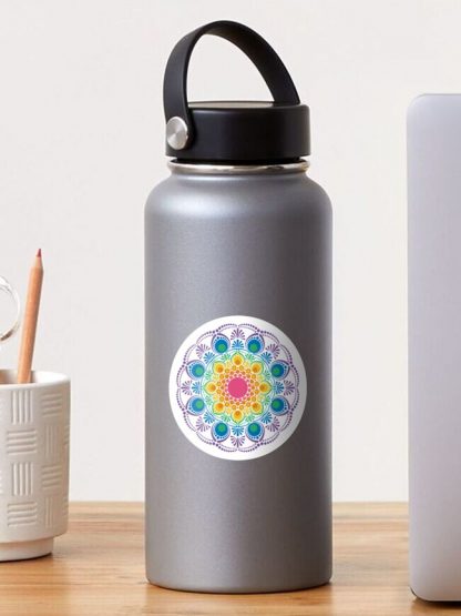 Sticker, White Maximalist Rainbow Floral Fountain Polka Dots designed and sold by Triplicate Limited