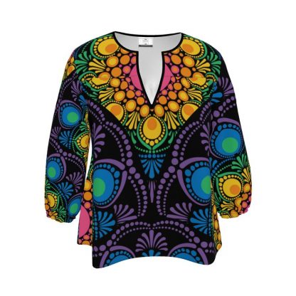 Womens Blouse Maximalist Rainbow Floral Fountain Mandala Art Deco