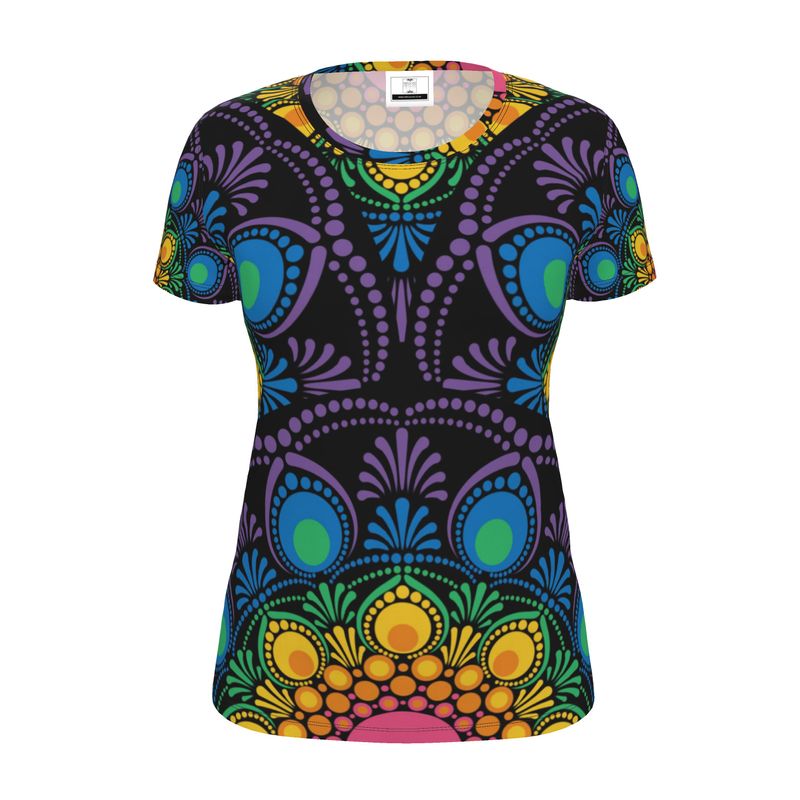 Womens T-Shirt Art Deco Rainbow Floral Fountain Mandala Pattern
