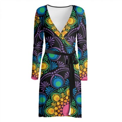 Wrap Dress Maximalist Rainbow Floral Fountain Mandala Art Deco Scallop