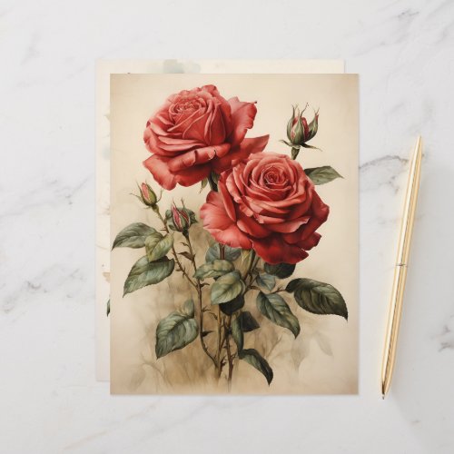 Vintage Watercolor Red Roses Paper Craft Cardstock