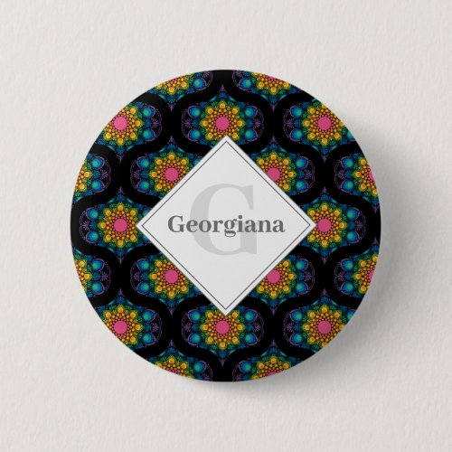 Custom Name Rainbow Floral Fountain Mid Mod Ogee Button