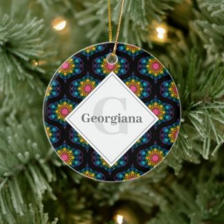 Custom Name Rainbow Floral Fountain Mid Mod Ogee Ceramic Ornament