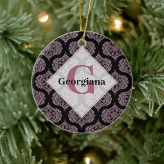 Custom Name Retro Dusky Rose Floral Fronds Mandala Ceramic Ornament