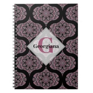 Custom Name Retro Dusky Rose Floral Fronds Mandala Notebook