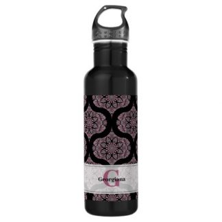 Custom Name Retro Dusky Rose Floral Fronds Mandala Stainless Steel Water Bottle