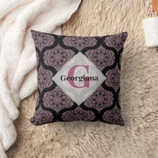 Custom Name Retro Dusky Rose Floral Fronds Mandala Throw Pillow