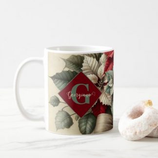 Custom Name Vintage Watercolor Poinsettia Bouquet Coffee Mug