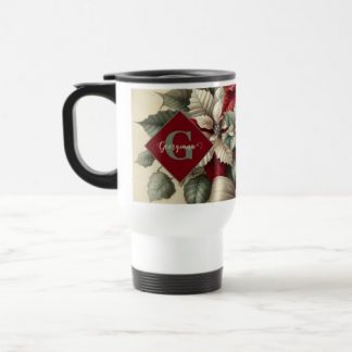 Custom Name Vintage Watercolor Poinsettia Bouquet Travel Mug