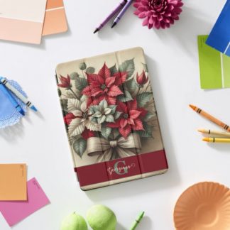 Custom Name Vintage Watercolor Poinsettia Bouquet iPad Pro Cover