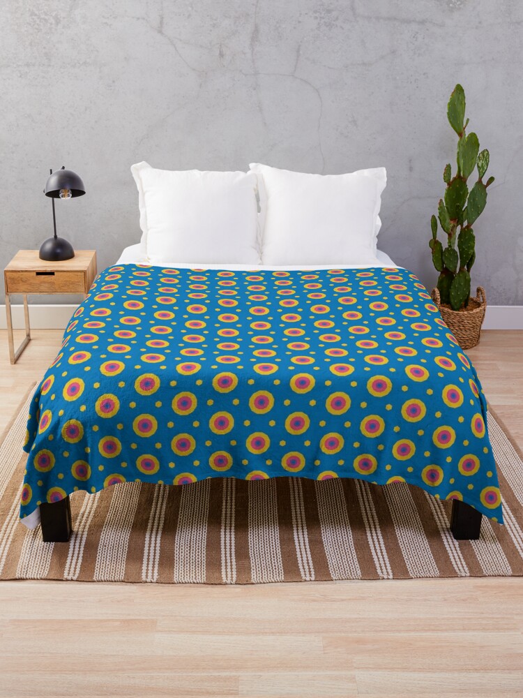 Throw Blanket, Geometric Maximalist Rainbow Colorful Bullseyes And Hexagons designed and sold by Triplicate Limited
