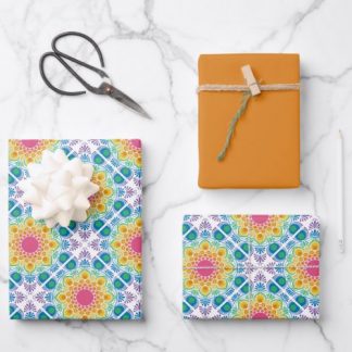 Maximalist Rainbow Floral Fountain Diamond Tile Wrapping Paper Sheets