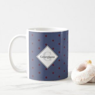 Monogram Geometric Royal Circle Red Dots on Blue Coffee Mug