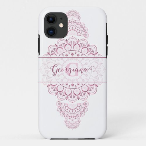 Monogram Pink Confetti Lace Ornamental Mandala iPhone 11 Case