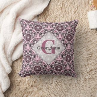 Monogrammed Deco Dusky Rose Cherry Blossom Mandala Throw Pillow