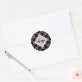 Monogrammed Pink Floral Fronds Polka Dot Mandala Classic Round Sticker
