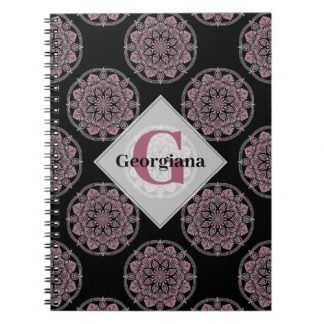 Monogrammed Pink Floral Fronds Polka Dot Mandala Notebook
