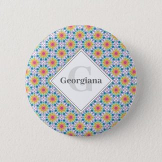 Monogrammed Rainbow Floral Mandala Art Deco Fans Button