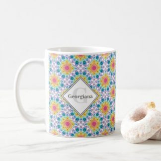 Monogrammed Rainbow Floral Mandala Art Deco Fans Coffee Mug
