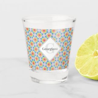 Monogrammed Rainbow Floral Mandala Art Deco Fans Shot Glass