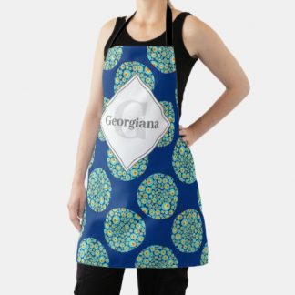 Monogrammed Starry Night On Sea Doodle Polka Dots Apron