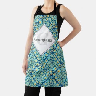 Monogrammed Starry Night On Sea Doodle Tiled Apron