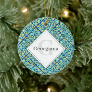 Monogrammed Starry Night On Sea Doodle Tiled Ceramic Ornament
