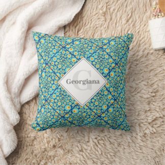 Monogrammed Starry Night On Sea Doodle Tiled Throw Pillow