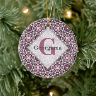Monogrammed Tile Dusky Rose Cherry Blossom Mandala Ceramic Ornament