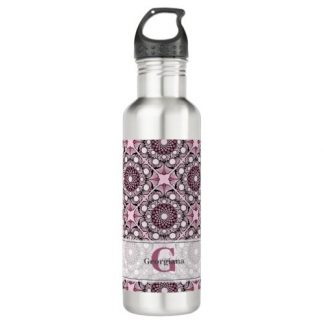 Monogrammed Tile Dusky Rose Cherry Blossom Mandala Stainless Steel Water Bottle