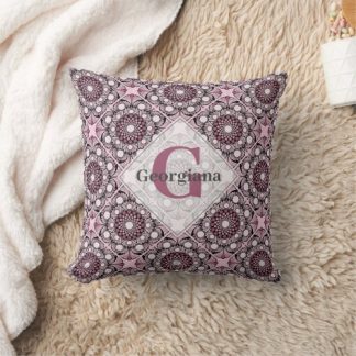 Monogrammed Tile Dusky Rose Cherry Blossom Mandala Throw Pillow