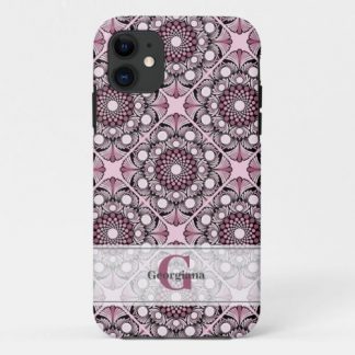 Monogrammed Tile Dusky Rose Cherry Blossom Mandala iPhone 11 Case